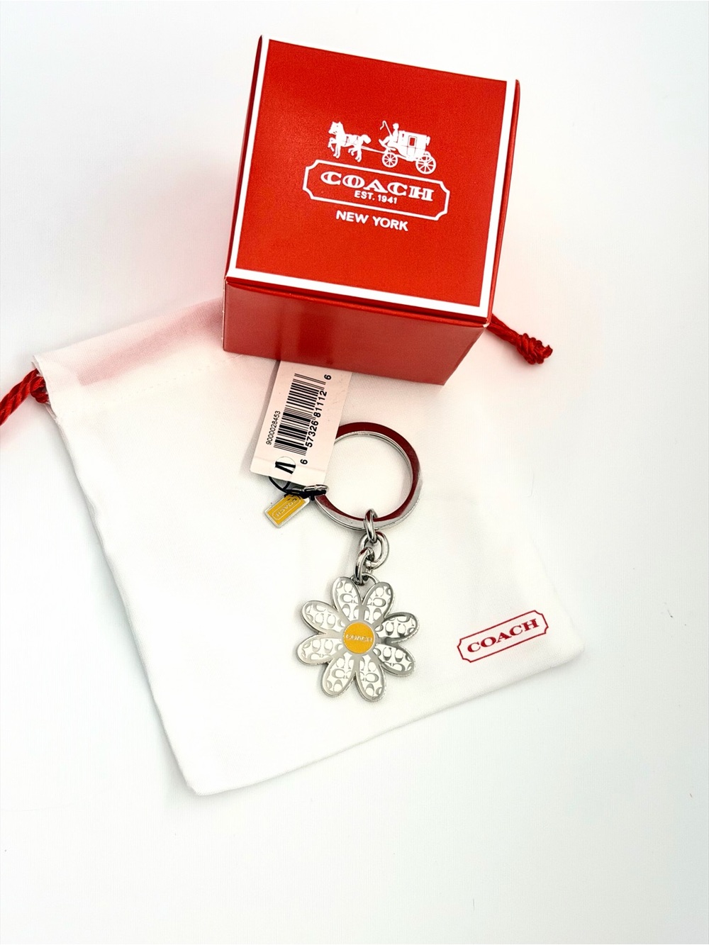 RARE NWT Vintage Coach Enamel Daisy Flower Bag Charm Keychain Set
